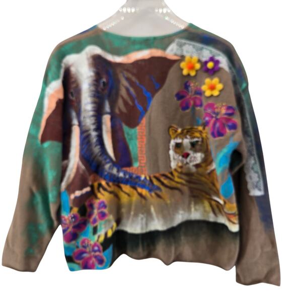 Vintage Sweater Women 1 (L XL) Handpainted Tiger Elephant 3D Flowers Tan Cropped - Picture 3 of 12